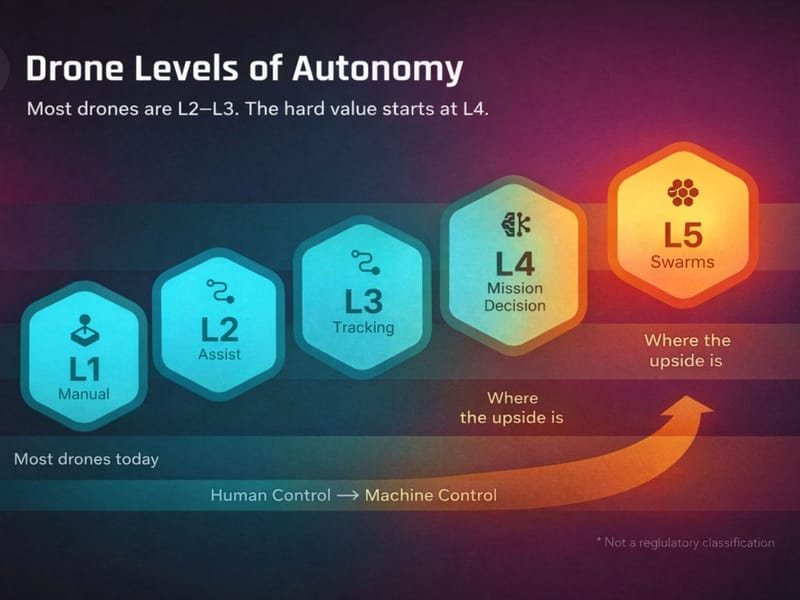 Infographic of the five drone autonomy levels, from L1 Manual to L5 Swarms, on a Human Control to Machine Control scale