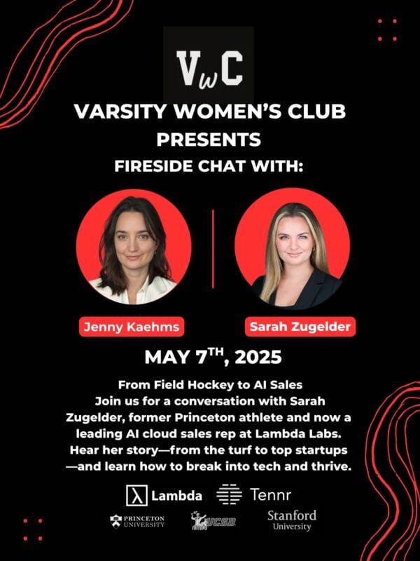 Varsity Women's Club poster for a May 7, 2025 fireside chat with Jenny Kaehms and Sarah Zugelder, From Field Hockey to AI Sales